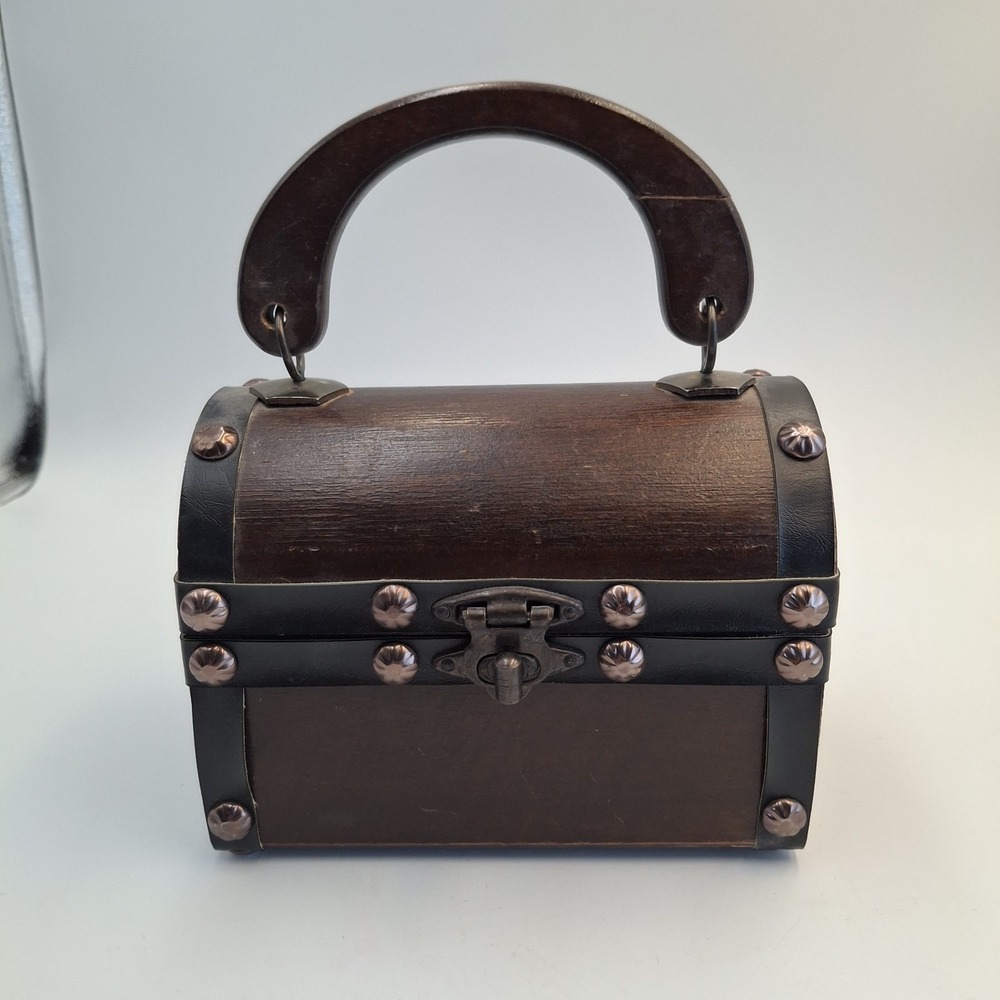 Vintage Wooden Treasure Chest Purse Dome Top Trunk Handbag Studded Wood Box